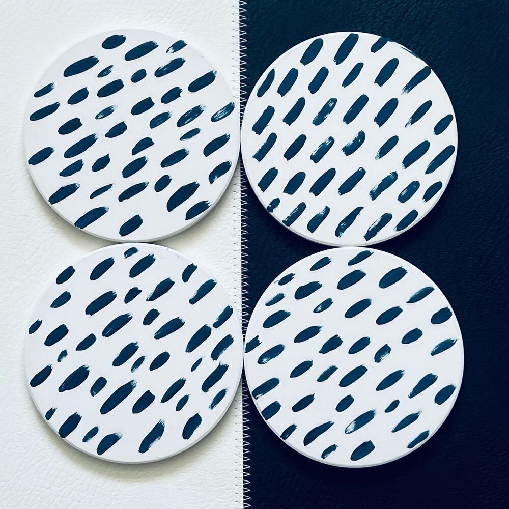 Ceramic Drink Coasters Round - Blue & White - Set of 4 - Mid Century Modern Home